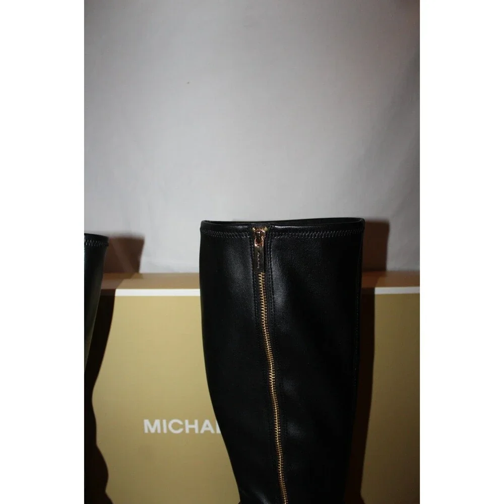 Michael Kors Women's Ella Block Heel Boot Black Faux Leather Tall Boots $345 8WS